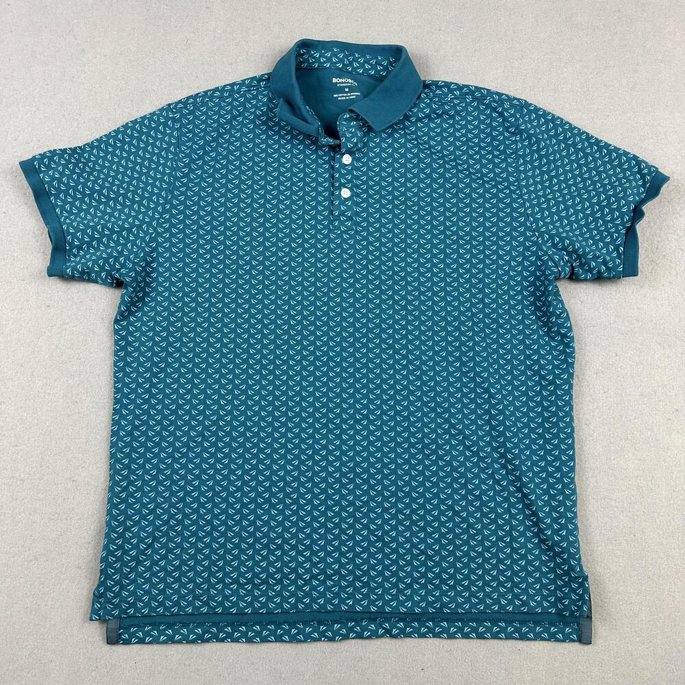 Bonobos Polo Shirt Men Medium Blue Paper Plane Print Cotton Stretch Casual